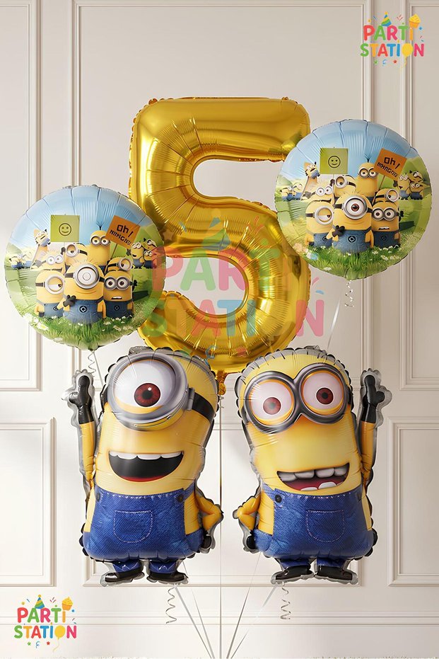 Minions Balloon Set 5 Pieces 5 Year Old Minion Kevin and Minion Stuart Birthday Set Gold Color Number Foil Balloon and Minion Foil Balloon Set