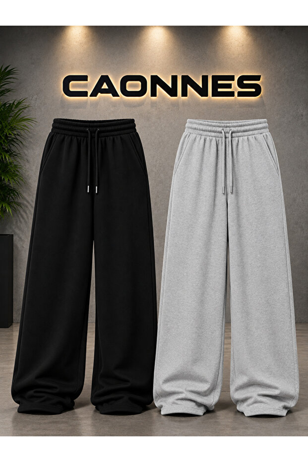Seasonal 2-Piece Sweatpants (Black-Grey) Oversize Comfortable Fit Wide Leg