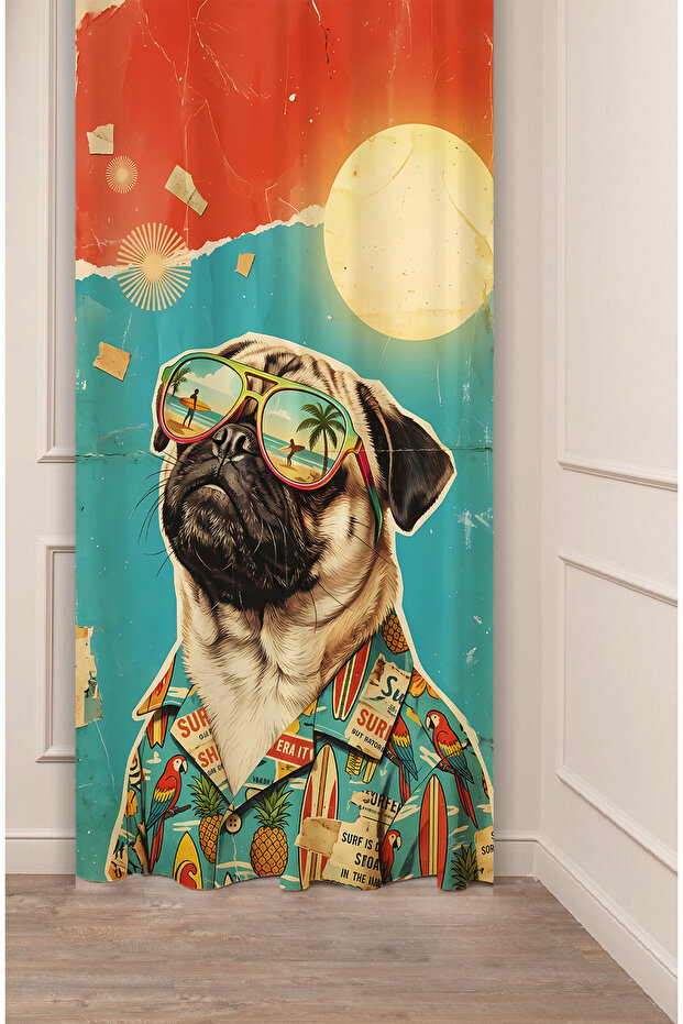 Pop-Art Style Summer Themed Cool Pug Dog with Glasses Patterned Digital Printed Background Curtain