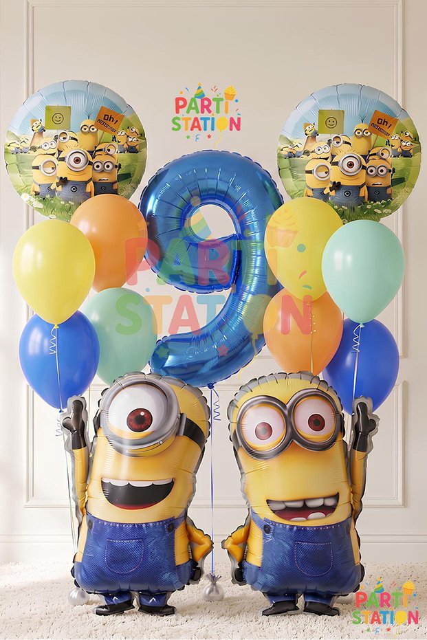 Minions Balloon Set 13 Pieces 9 Years Old Minion Kevin and Minion Stuart Birthday Set Navy Blue Color Number Foil Balloon and Minion Foil Balloon Set