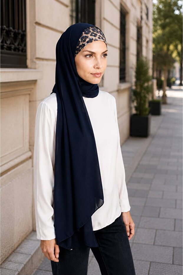 Leopard Striped Crepe Shawl - Navy Blue
