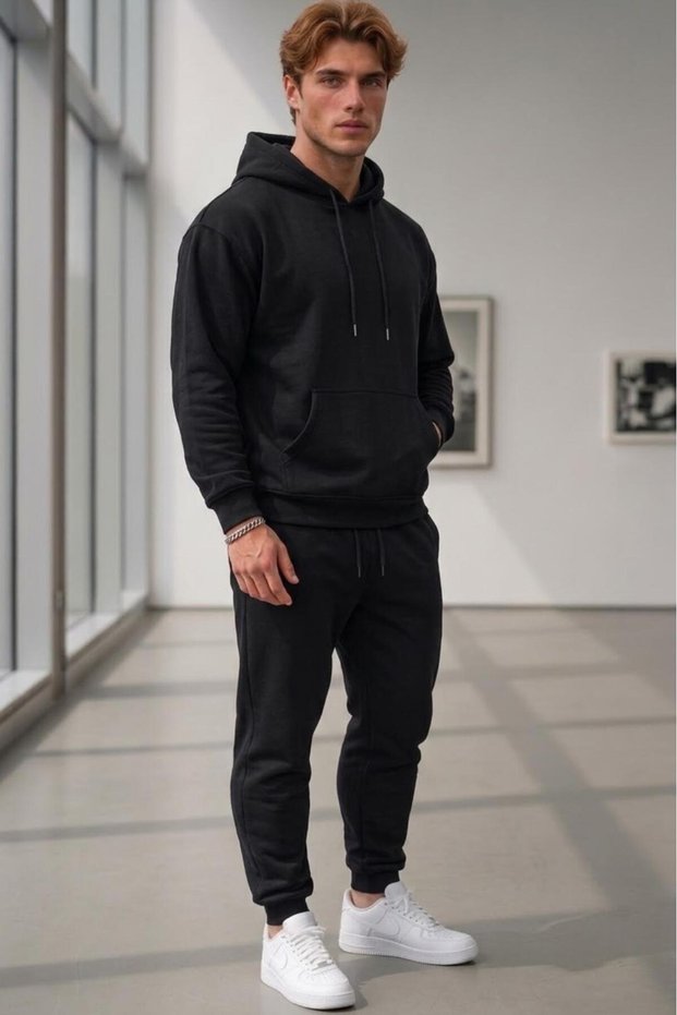 Men's Black Hooded Black Ribbed Sweatpants 2 Thread Ribbed Set