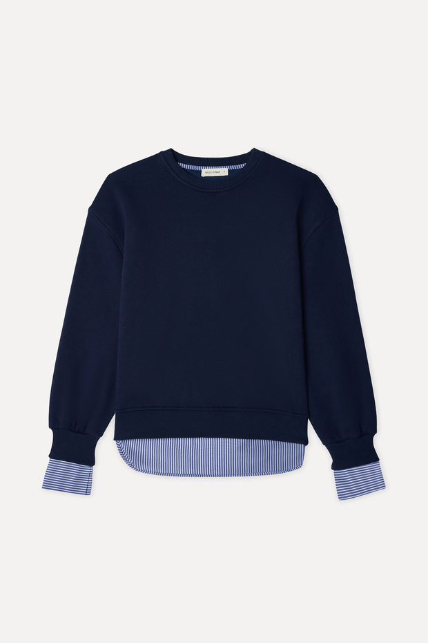 Women's Navy Blue Striped Oversize Crew Neck Sweatshirt