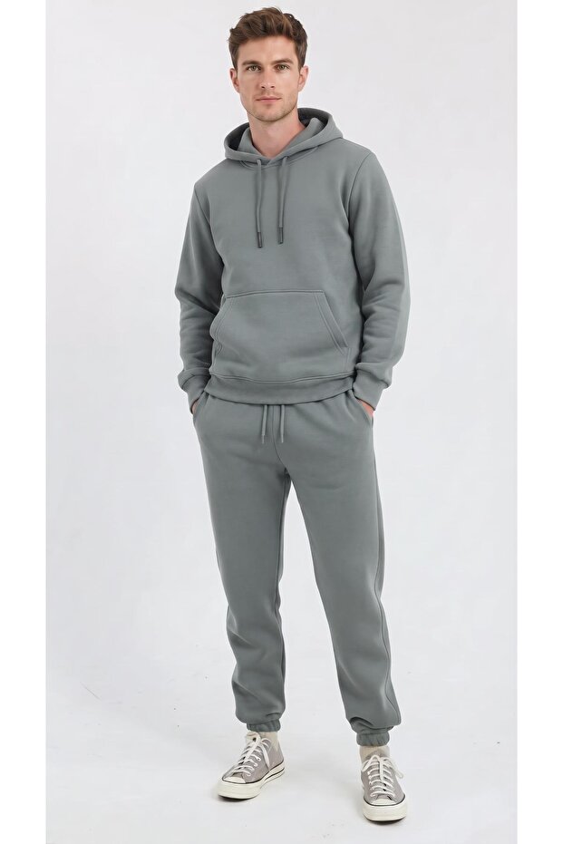 Men's Three Thread Compact Hooded Kangaroo Pocket Soft Textured Cotton Inside Sweatpants Set