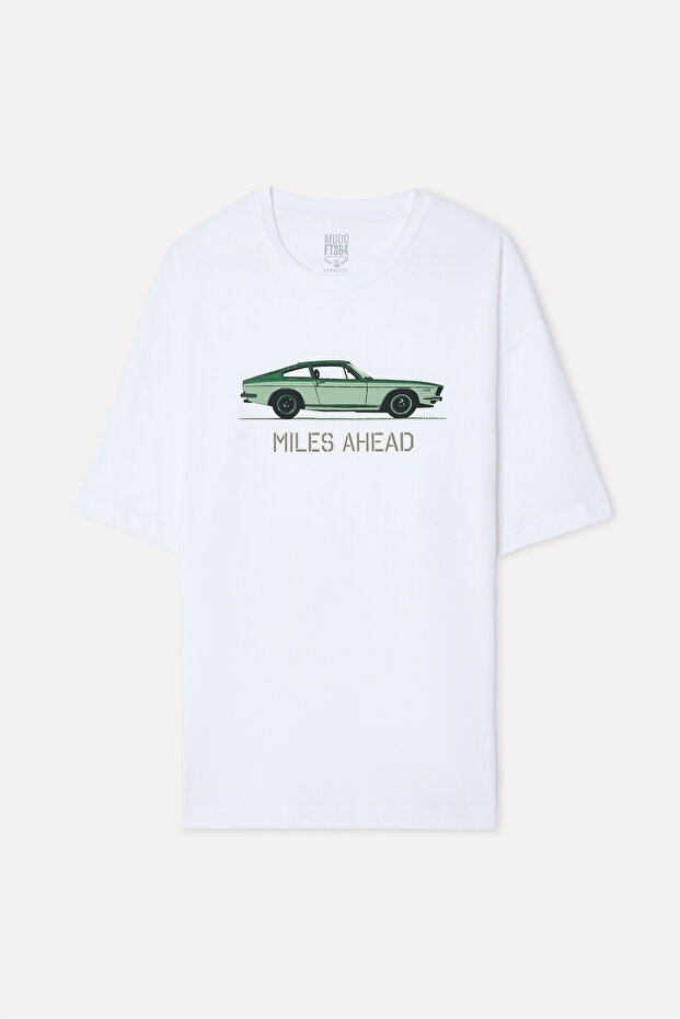 Men's White Printed Oversize Crew Neck T-Shirt