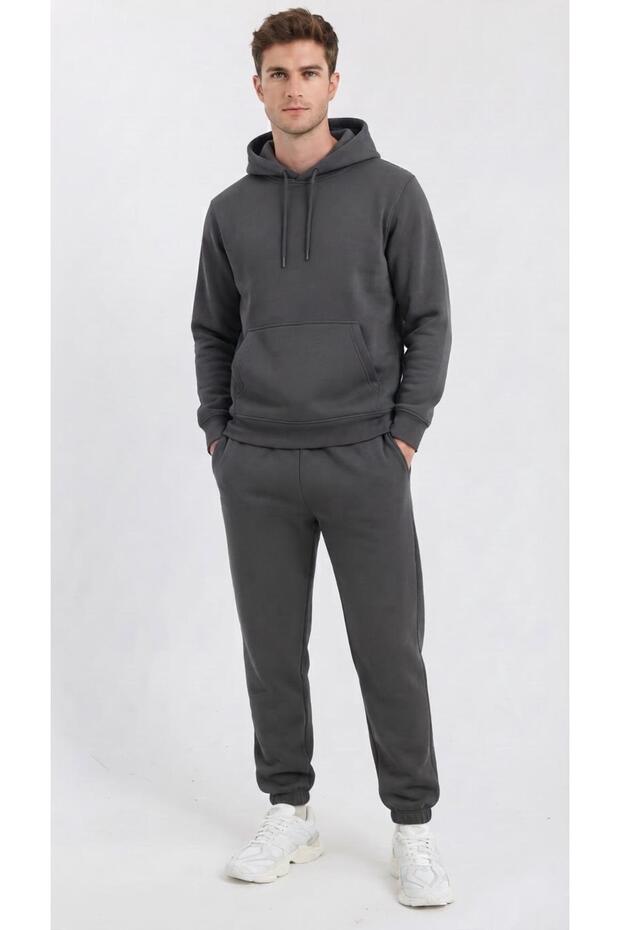 Men's Three Thread Compact Hooded Kangaroo Pocket Soft Textured Cotton Inside Sweatpants Set