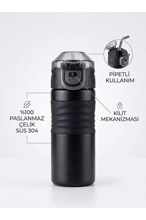 Premium 304 Stainless Steel Thermos Flask with Lock Mechanism and Straw 450 ml - Ergonomic Silicone Grip