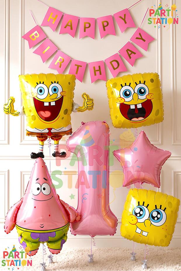 Spongebob Balloon & Patrick Concept Balloon Set 1 Year Old - 7 Pieces Spongebob Themed Happy Birthday Balloon Set with Banner