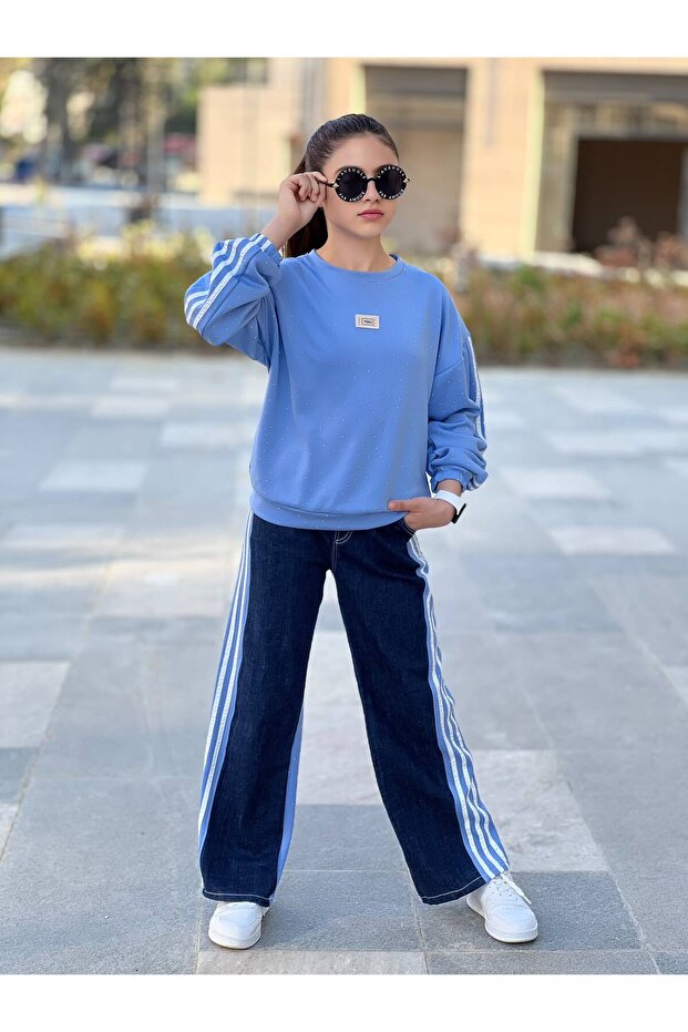 Girl's Striped Denim Detailed Stoned Double Set