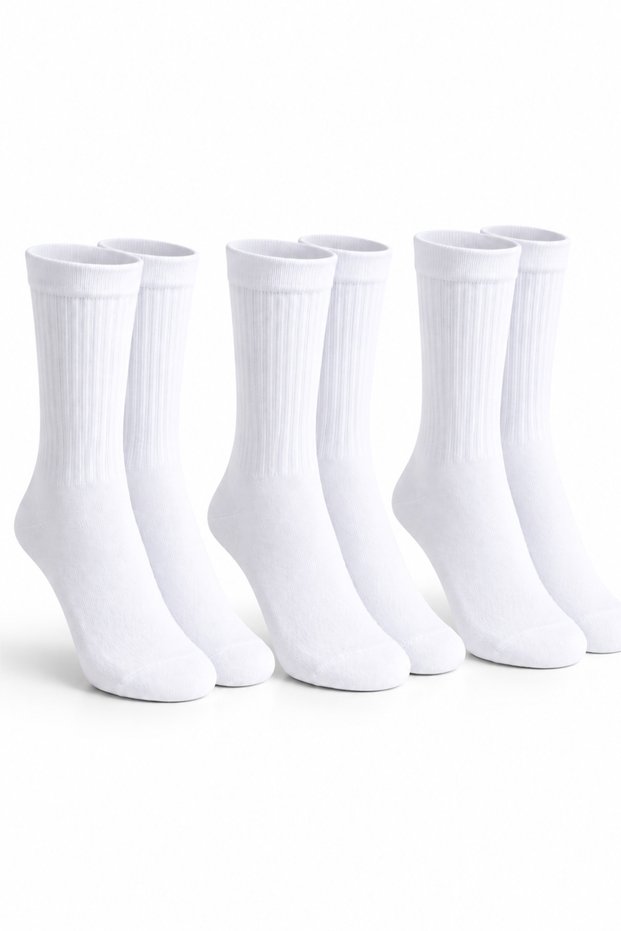 White Sports Socks 3 Pairs 80% Cotton Long Socks for Football Training Women Men Unisex 40-44