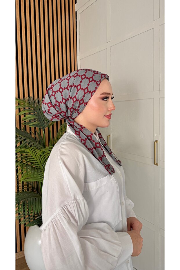Gray Burgundy Square Pattern Bamboo Scarf Bonnet