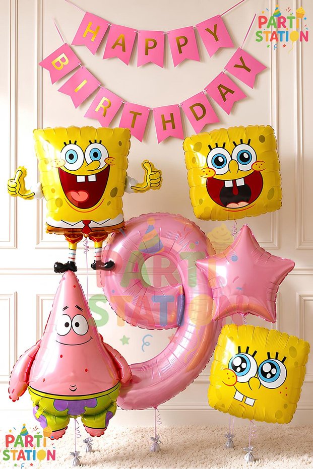 Spongebob Balloon & Patrick Concept Balloon Set for Ages 9 - 7 Pieces Spongebob Themed Happy Birthday Balloon Set with Banner