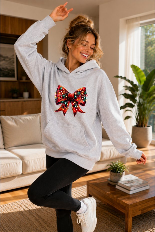 Women's Lighted Ribbon Printed Hooded Kangaroo Pocket Cotton Casual Sweatshirt