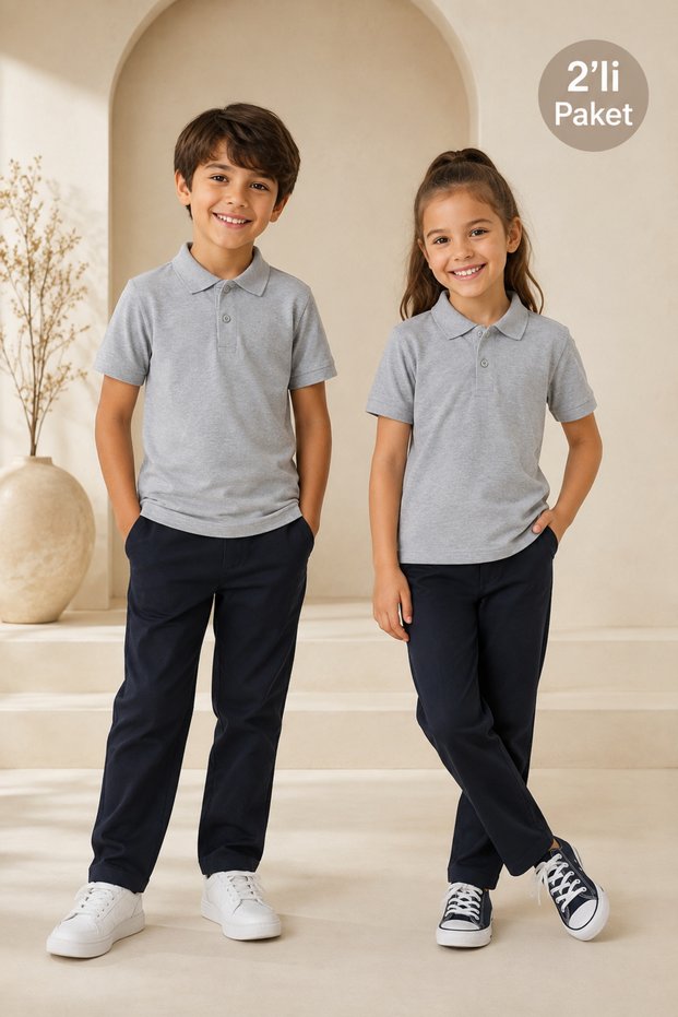 Children's Unisex 2-Piece Short Sleeve Polo Collar T-Shirt 100% Cotton Lakos - Gray