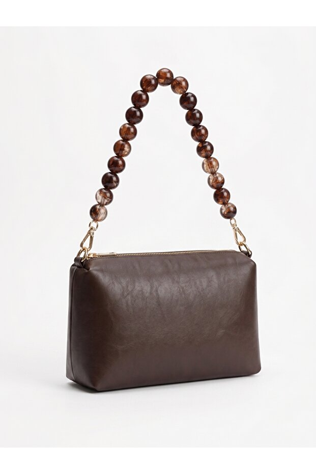 Women's Bitter Brown Bead and Chain Handle Shoulder and Hand Bag Stylish Design Baguette Handbag