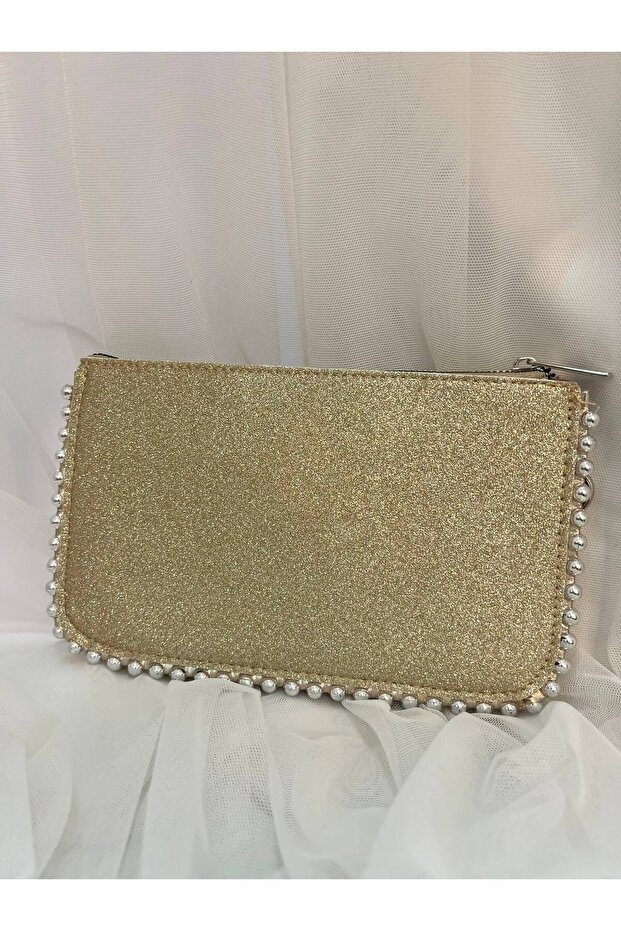 Pearl Detailed Glittery Gold Mini Chain Bag