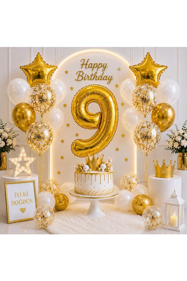 1-9 Years Old Birthday Balloon Set – Gold White Premium Number Foil Balloon, Star and Confetti Balloon Set Transparent Balloon Set Birthday Party Set