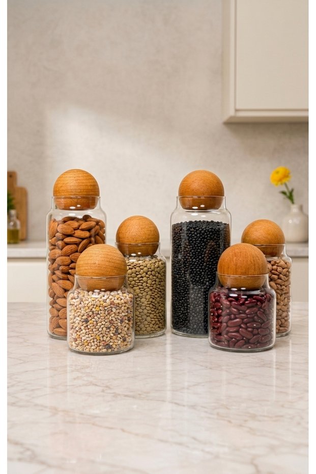 6'Li Wooden Ball Lid Glass Jar Set | 1400 ml + 800 ml + 500 ml | Food, Dry Food, and Storage Container