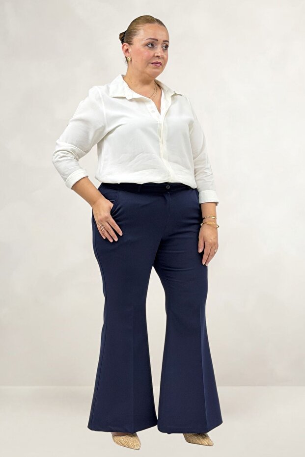 29031 Plus Size Spanish Flare Pants - Navy Blue