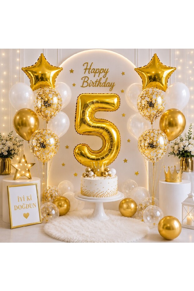 1-9 Years Old Birthday Balloon Set – Gold White Premium Number Foil Balloon, Star and Confetti Balloon Set Transparent Balloon Set Birthday Party Set