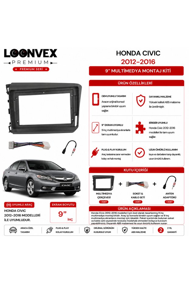 Premium Honda Civic 2012-2016 9 Inch Multimedia Frame and Mounting Kit