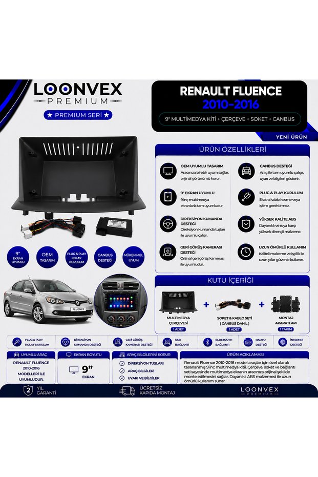 Premium Renault Fluence 2010-2016 9 Inch Multimedia Frame + Socket + Canbus Mounting Kit