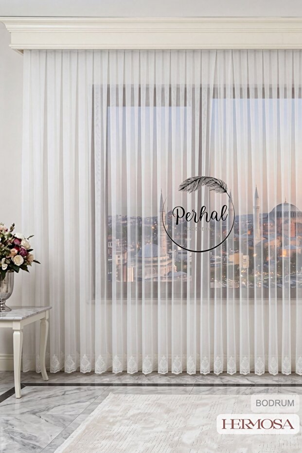 1-3 Dense Pleated Bamboo Floor Basement Model Damask Patterned Underskirt Embroidered Wrinkle-Resistant Non-Ironable Off-White Tulle Curtain