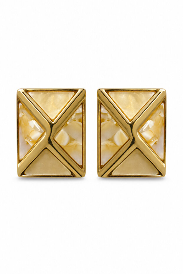 Yellow Cream Square Patterned Bijouterie Earrings Stylish and Modern Design for Women
