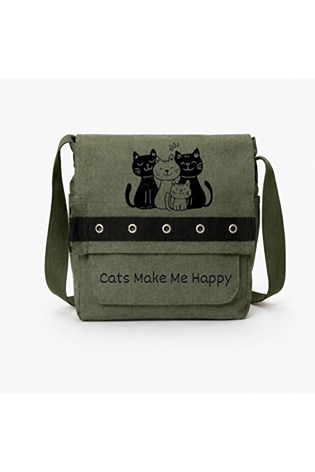 Cat Printed Khaki Eyelet Messenger Bag