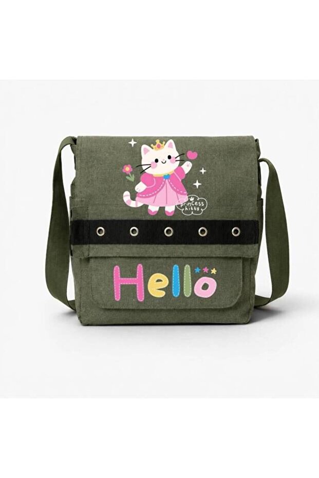Khaki Hello Printed Round Eyelet Messenger Bag