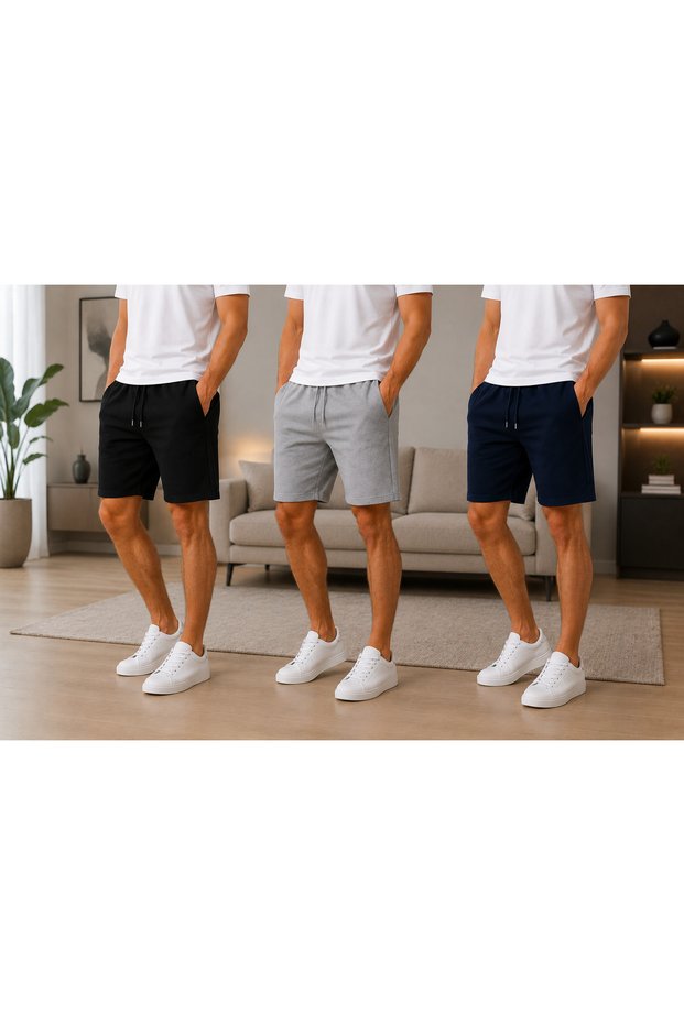 3 Pieces Trend Men's Shorts Lounge Wear Elite Comfort (Black-Navy Blue-Grey)