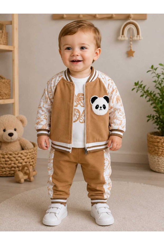 Baby Boy Embossed Panda Appliqué College Jacket 3-Piece Seasonal Cotton Set