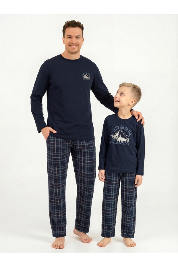 Father & Son Navy Blue Pajama Set Combination, 100% Cotton, Father and Child Pajamas Sold Separately (Socks Included)