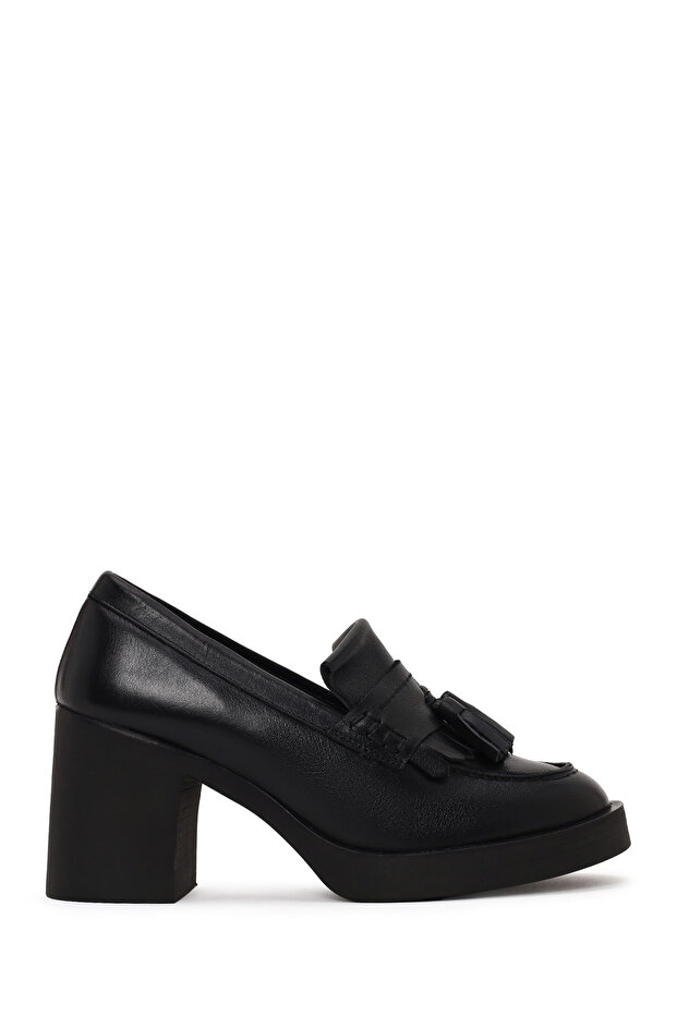 Women's Black Thick Heeled Tasseled Leather Loafer Af450012Dv