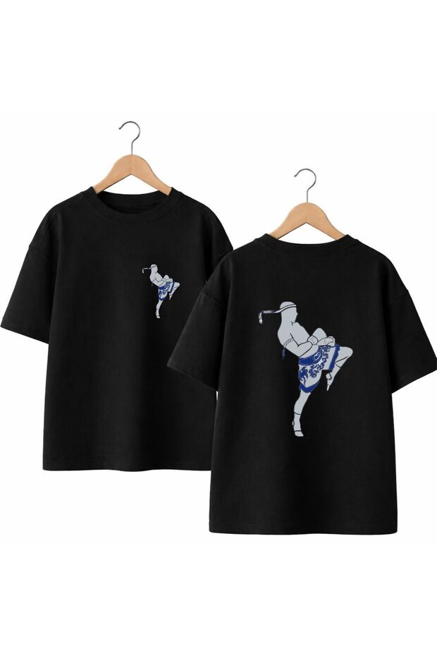 Kick Boxing Back and Front Chest Printed 100% Cotton Oversize Loose Regular Fit Crew Neck T-Shirt