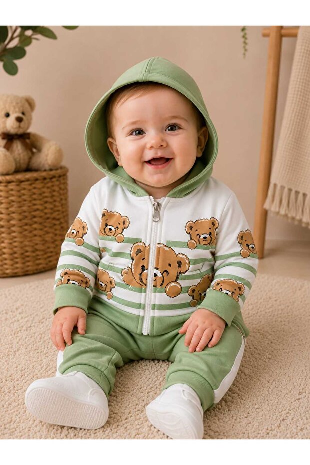 Baby Boy Teddy Bear Patterned Bodysuit, Hooded Zippered Jacket, 3-Piece Seasonal Cotton Set