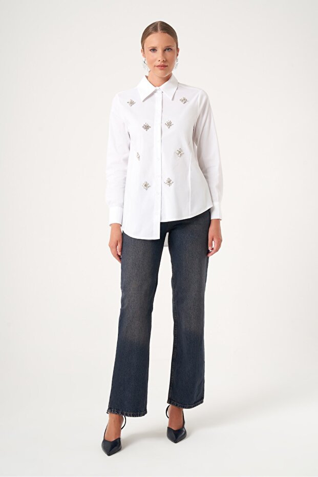 Women's Stone Detailed Poplin Shirt White 31510