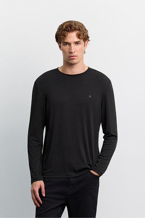 Men's Black Crew Neck Long Sleeve Basic Modal T-Shirt A62Y1032