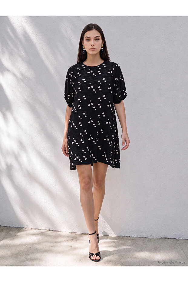 Soulife Black Crew Neck Embroidered Mini Dress