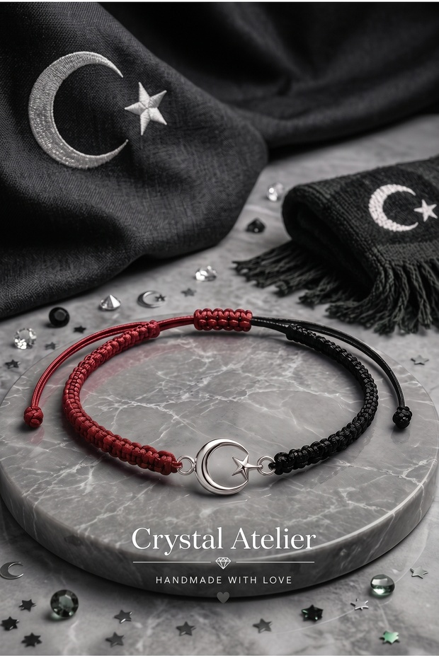 Moon Star Burgundy Black Macrame Bracelet Unisex Adjustable Handmade Turkish Flag Themed Rope Bracelet