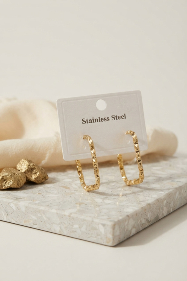 Gold Color Serrated Rectangular Ring Model Earrings - Ebj260822W46222