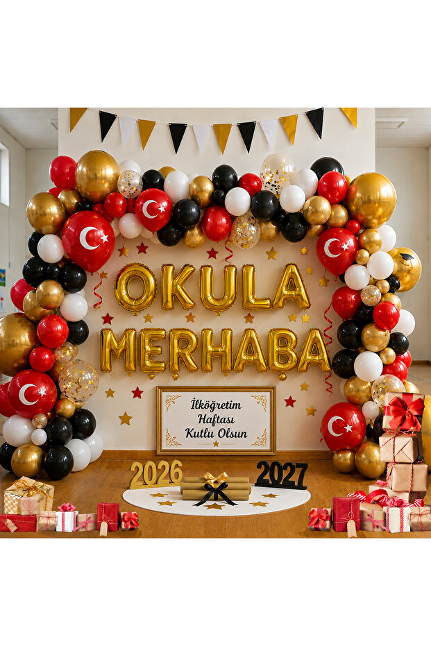 Primary School Week Theme Hello to School Gold Foil Letters White Red Black Gold Balloons School Classroom Board Decoration