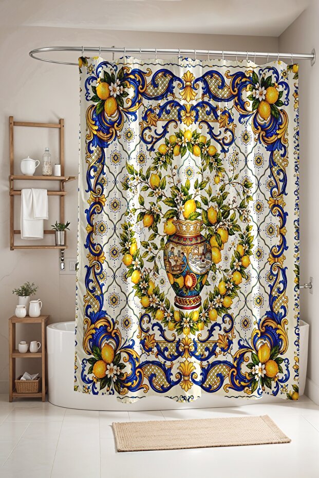 Bathroom Curtain, Lemon Patterned Shower Curtain in a Vase, Bathtub Curtain 175X200Cm