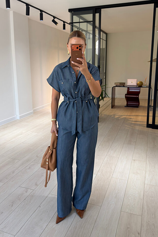 Button Detail Belted Blue Denim Shirt / Pants Set