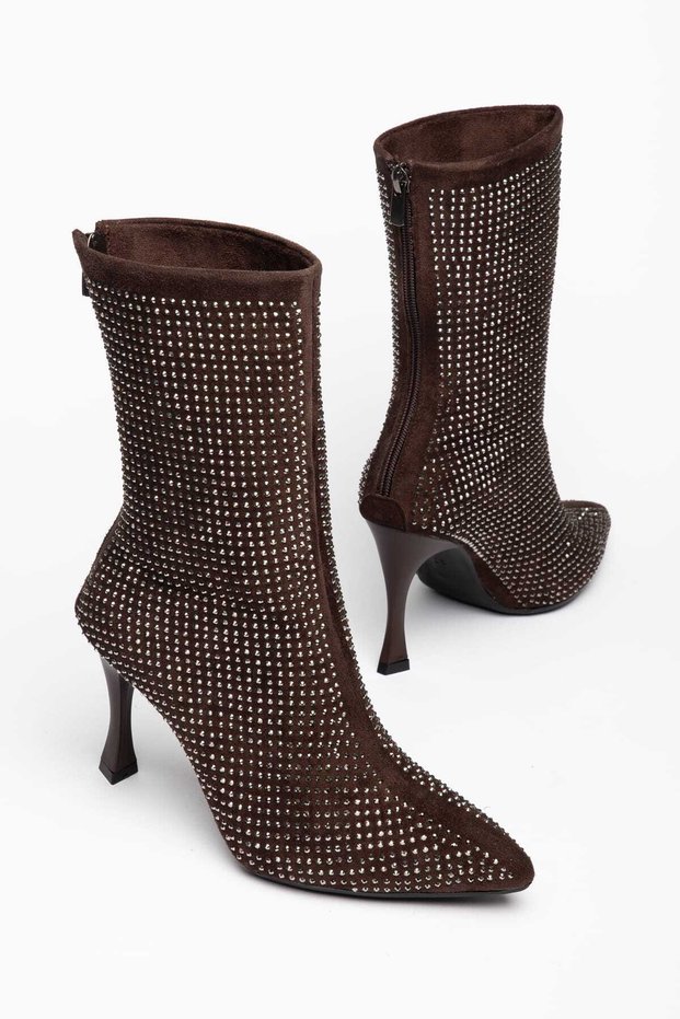 Women's Suede Stone Boots - Pointed Toe Stone Embellished Thin Heeled Back Zipper Boots