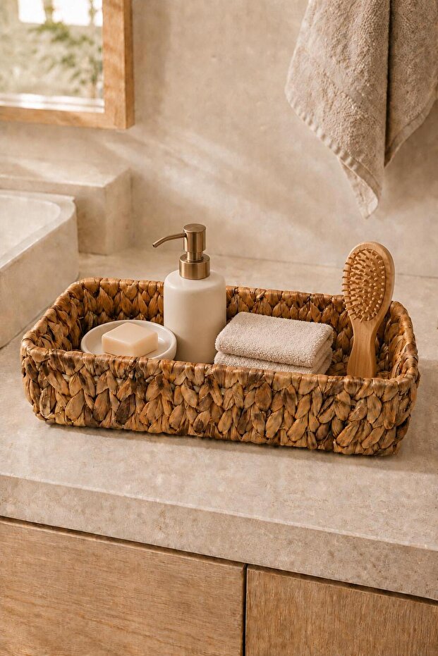 Natural Wicker Rectangular Organizer Basket Multi-Purpose Organizer for Bathroom, Kitchen, Makeup Organization