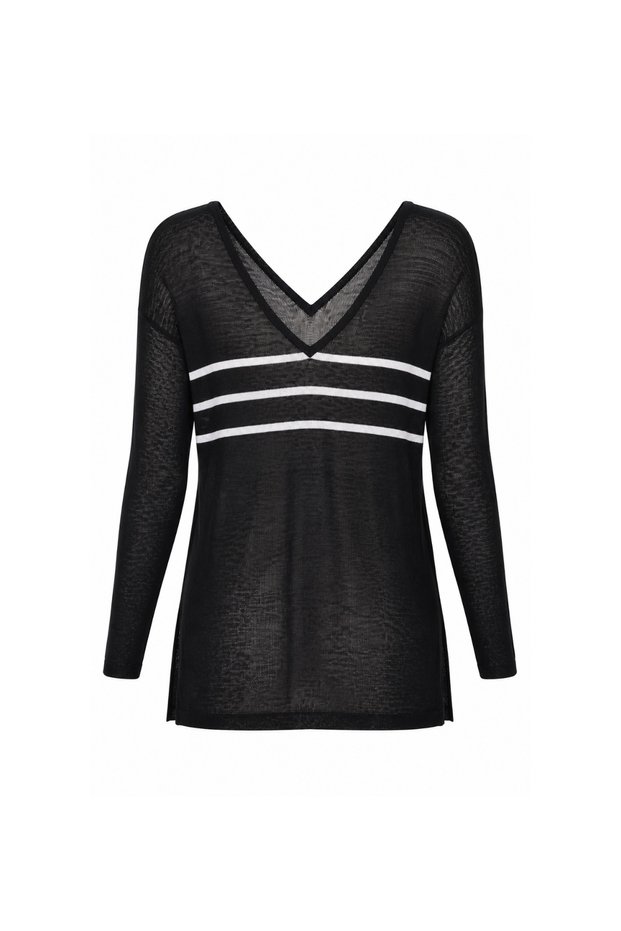 Front and Back V-Neck Striped Black Knitwear with Slits on the Sides