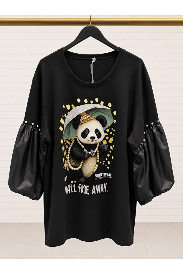 Oversize Large Size Panda Printed Black T-Shirt with Pearl Sleeve Detail