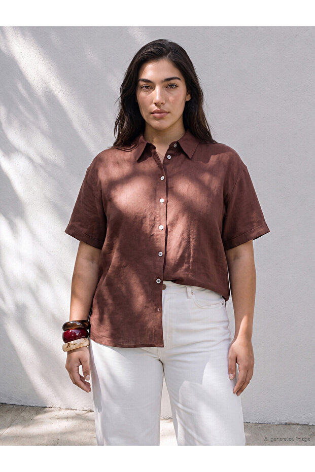 Lcw Petite Brown Linen Blend Women's Shirt
