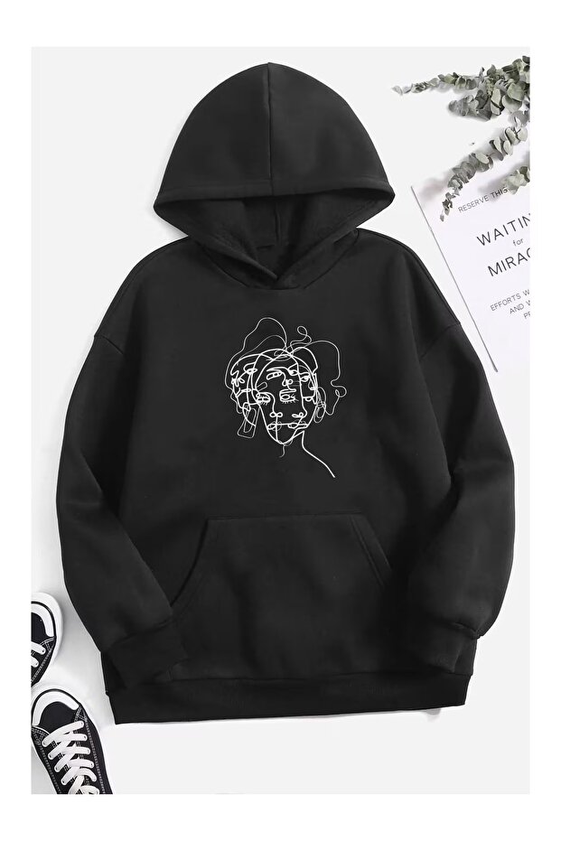 Line-Printed Oversize Hooded Sweatshirt